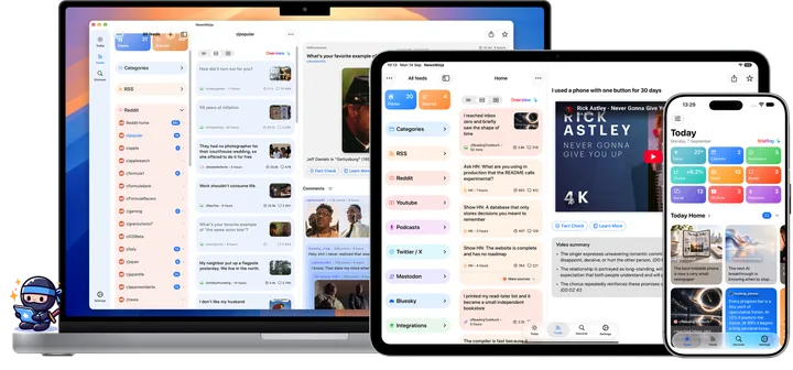 NewsNinja on Mac and iPad showing the Feeds interface, Reddit posts, and a YouTube video, alongside Today on iPhone.