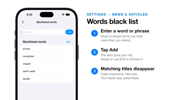 The NewsNinja Words black list screen, with a step-by-step explanation of how to add a word and what it hides.
