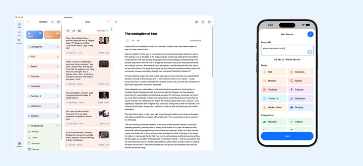 NewsNinja su Mac con barra laterale Feeds, elenco Home e lettore, accanto ad Add Source su iPhone.