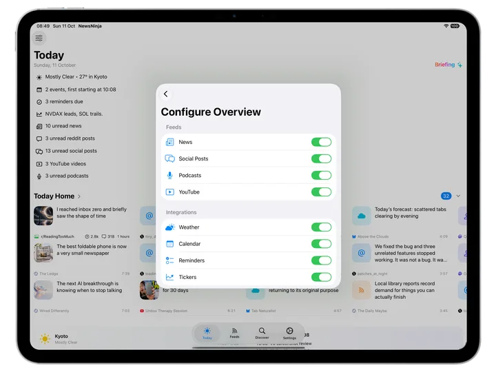Configure Overview su iPad con interruttori per notizie, social, podcast, YouTube e integrazioni quotidiane.