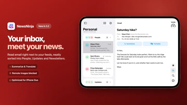 NewsNinja 3.2 on iPhone Duo showing an email inbox. Your inbox, meet your news.