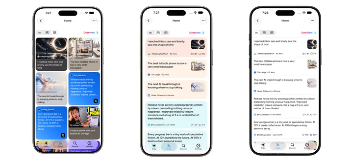 Confronto su iPhone degli stili Magazine, Card e Compact, da sinistra a destra.