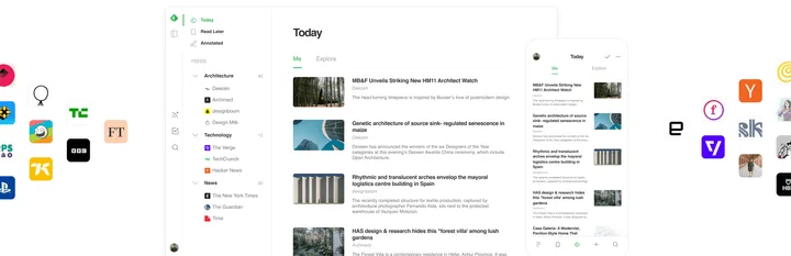 Feedly’s web and mobile readers showing a Today article list with thumbnails and source folders in the sidebar.