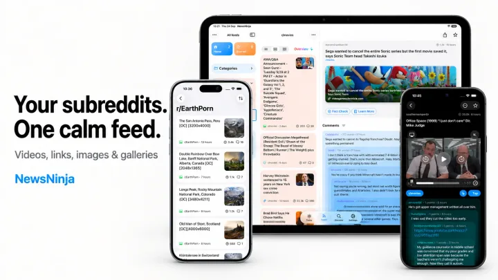 NewsNinja on iPad and iPhone showing subreddit feeds, videos, and comments. Your subreddits. One calm feed. Videos, links, images & galleries.