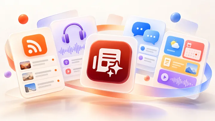 Illustration of NewsNinja surrounded by RSS articles, podcast audio, social conversations, and daily dashboard cards