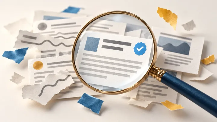 A magnifying glass examines layered news cards, revealing clear lines and a blue verification check.
