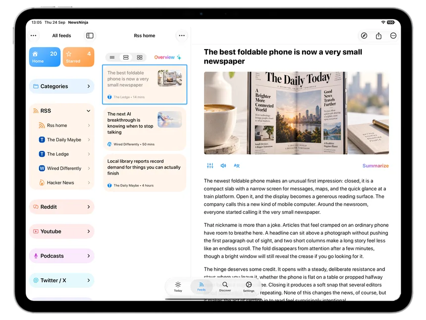 Vista previa de NewsNinja en iPad: Lee sin los obstáculos de la web.