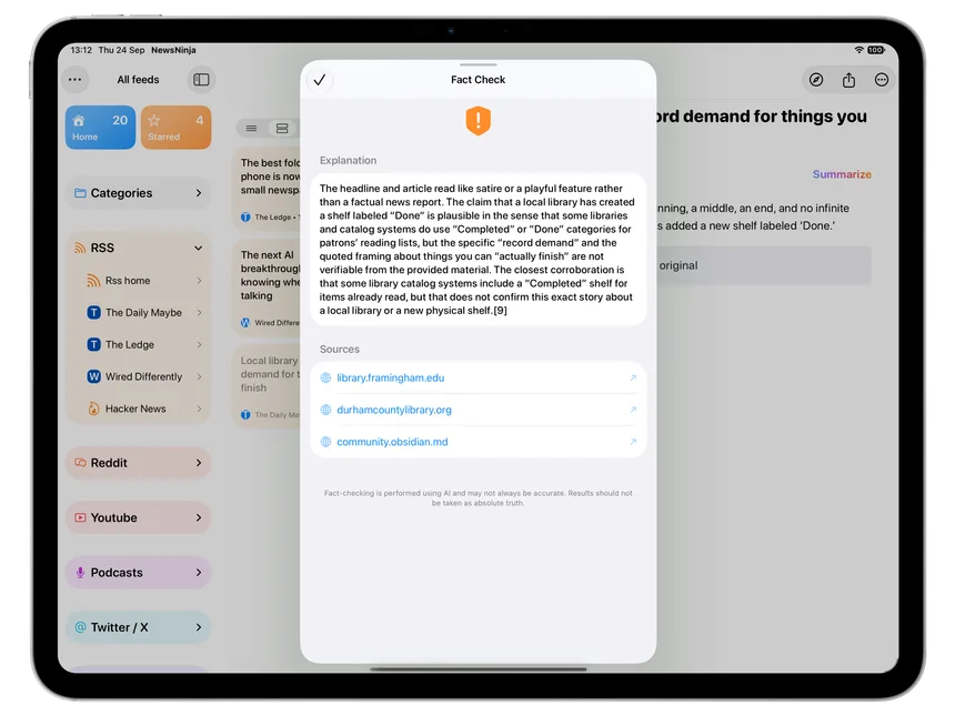 Vista previa de NewsNinja en iPad: Cuestiona el titular, comprueba los hechos.