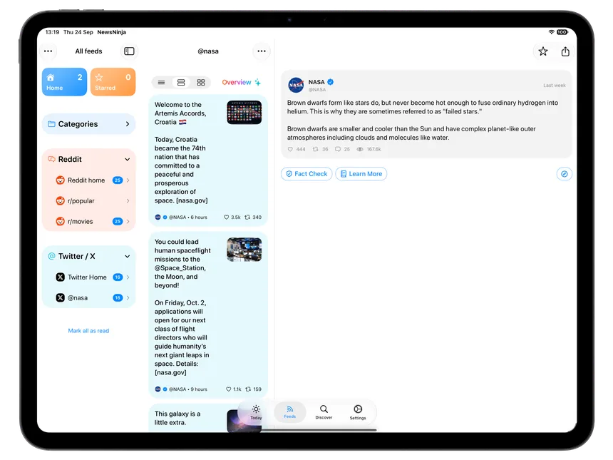 Vista previa de NewsNinja en iPad: Sigue las redes sociales sin iniciar sesión.