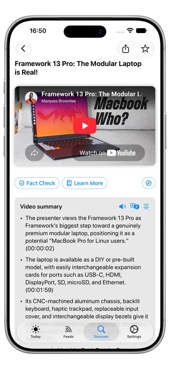 Vista previa de NewsNinja en iPhone: Sáltate el video, descubre lo esencial.