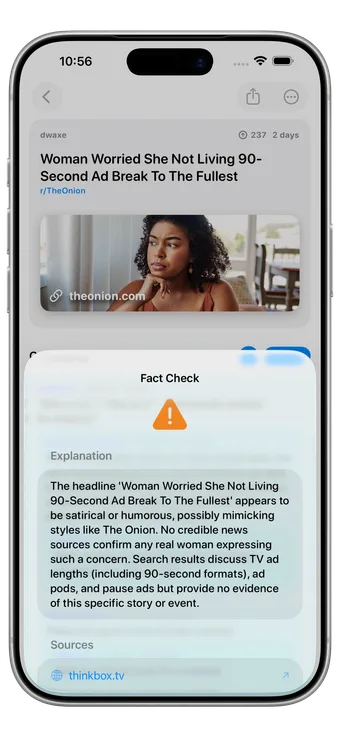 Vista previa de NewsNinja en iPhone: Cuestiona el titular, comprueba los hechos.