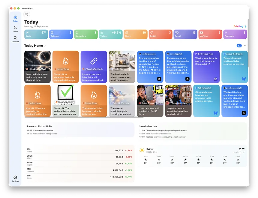 Vista previa de NewsNinja en Mac: Todo lo que pasa hoy. Una sola app.