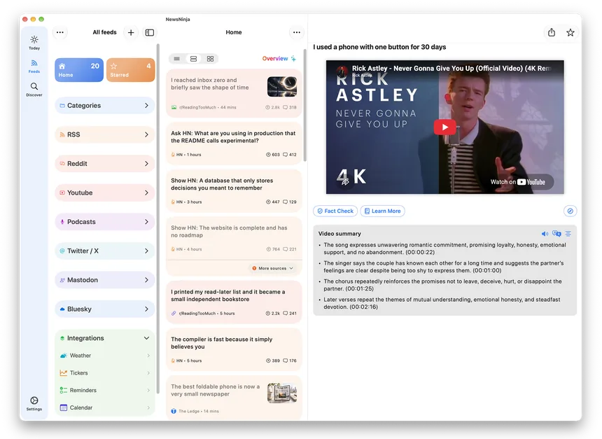 Vista previa de NewsNinja en Mac: Sáltate el video, descubre lo esencial.