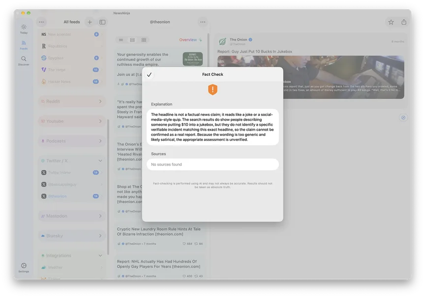 Vista previa de NewsNinja en Mac: Cuestiona el titular, comprueba los hechos.