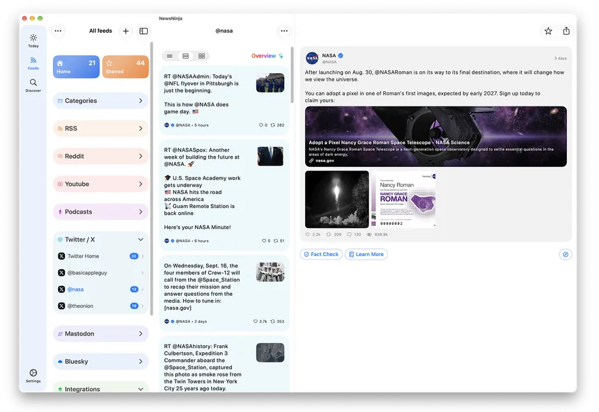 Vista previa de NewsNinja en Mac: Sigue las redes sociales sin iniciar sesión.