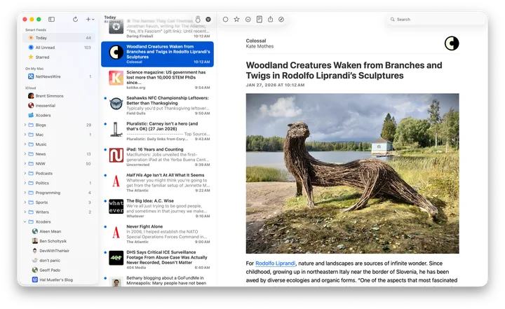 NetNewsWire for Mac showing its feed sidebar, article list, and article reader in light mode.
