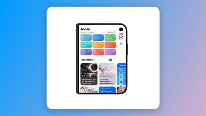 NewsNinja's Today dashboard on the outer display of a folded iPhone Duo, with news, Reddit, YouTube, podcasts, calendar, and reminders.