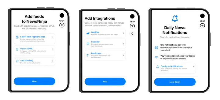 Schermate iniziali di NewsNinja per aggiungere feed, collegare meteo, calendario e promemoria e configurare le notifiche.
