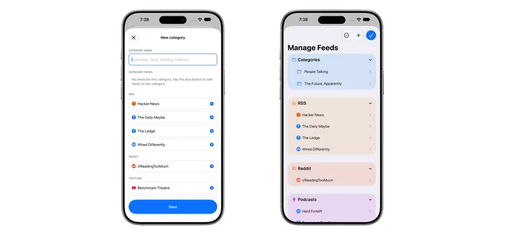 Creazione di una categoria e categorie nella schermata Manage Feeds su iPhone.