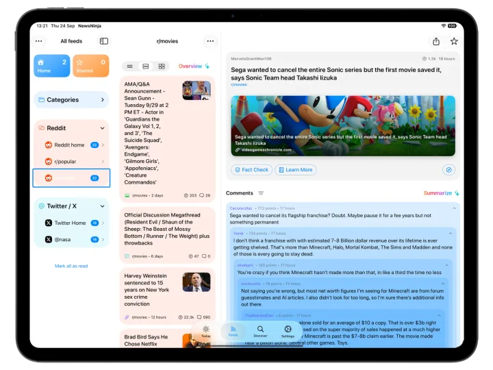 NewsNinja on iPad showing the source sidebar, r/movies post list, and a selected link post with nested comments.
