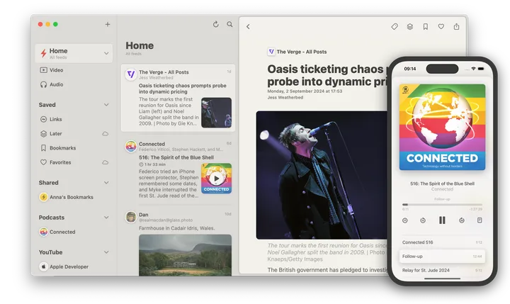 Reeder showing its interface for following different types of content in a unified timeline.