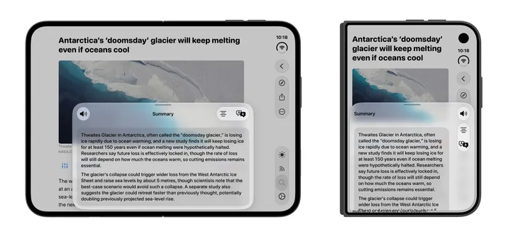 NewsNinja article summaries on the unfolded and folded displays of an iPhone Duo.