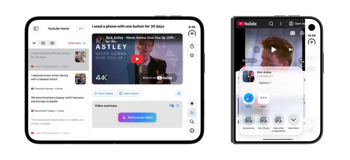 YouTube video summarization in NewsNinja and the Safari Summarize action on the unfolded and folded displays of an iPhone Duo.