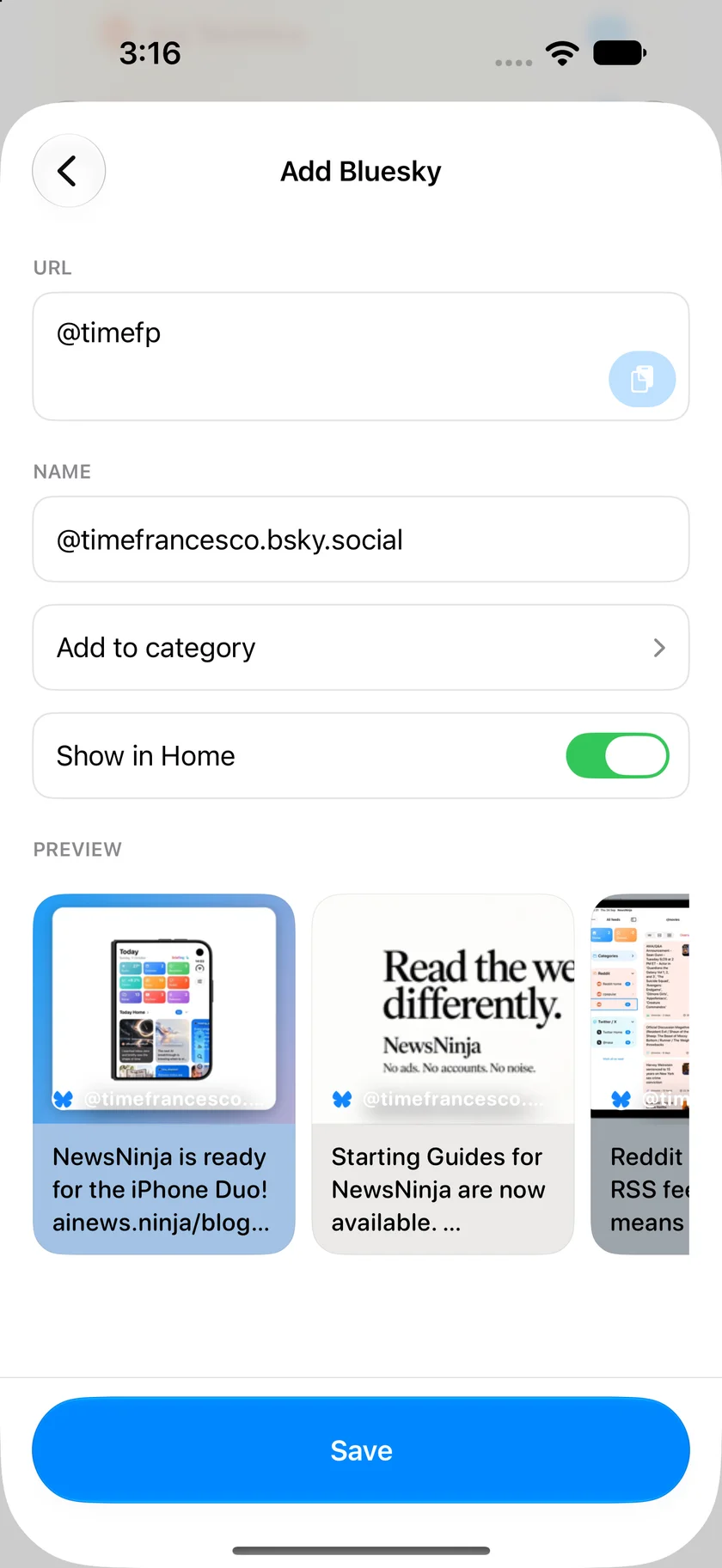 Add Bluesky in NewsNinja showing the resolved account name, recent post previews, category selection, and Show in Home option.