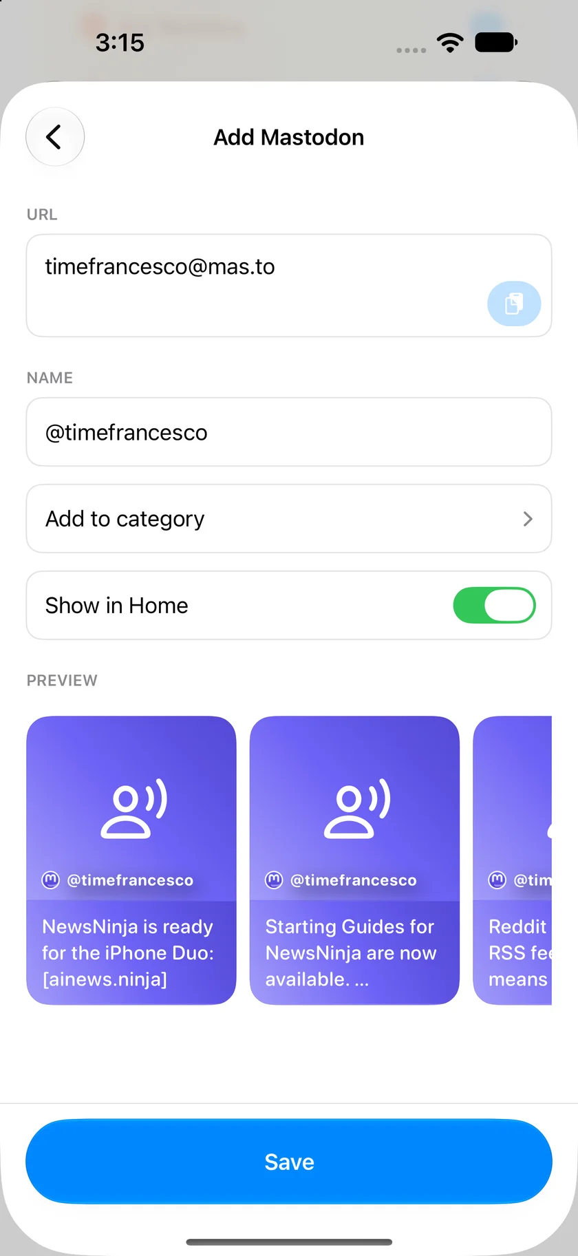 Add Mastodon in NewsNinja with timefrancesco@mas.to, the account name, category and Show in Home options, and post preview cards.