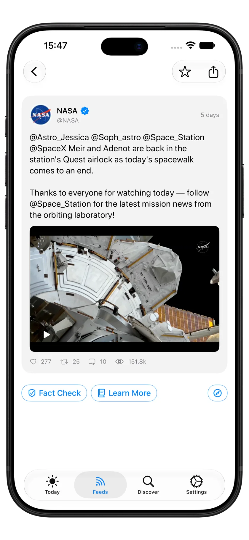 A NASA post from X displayed in NewsNinja on iPhone, with post text and an embedded spacewalk video.