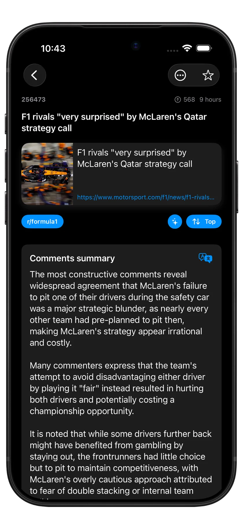 A shared Formula 1 article in NewsNinja with a link preview and a Reddit comments summary.