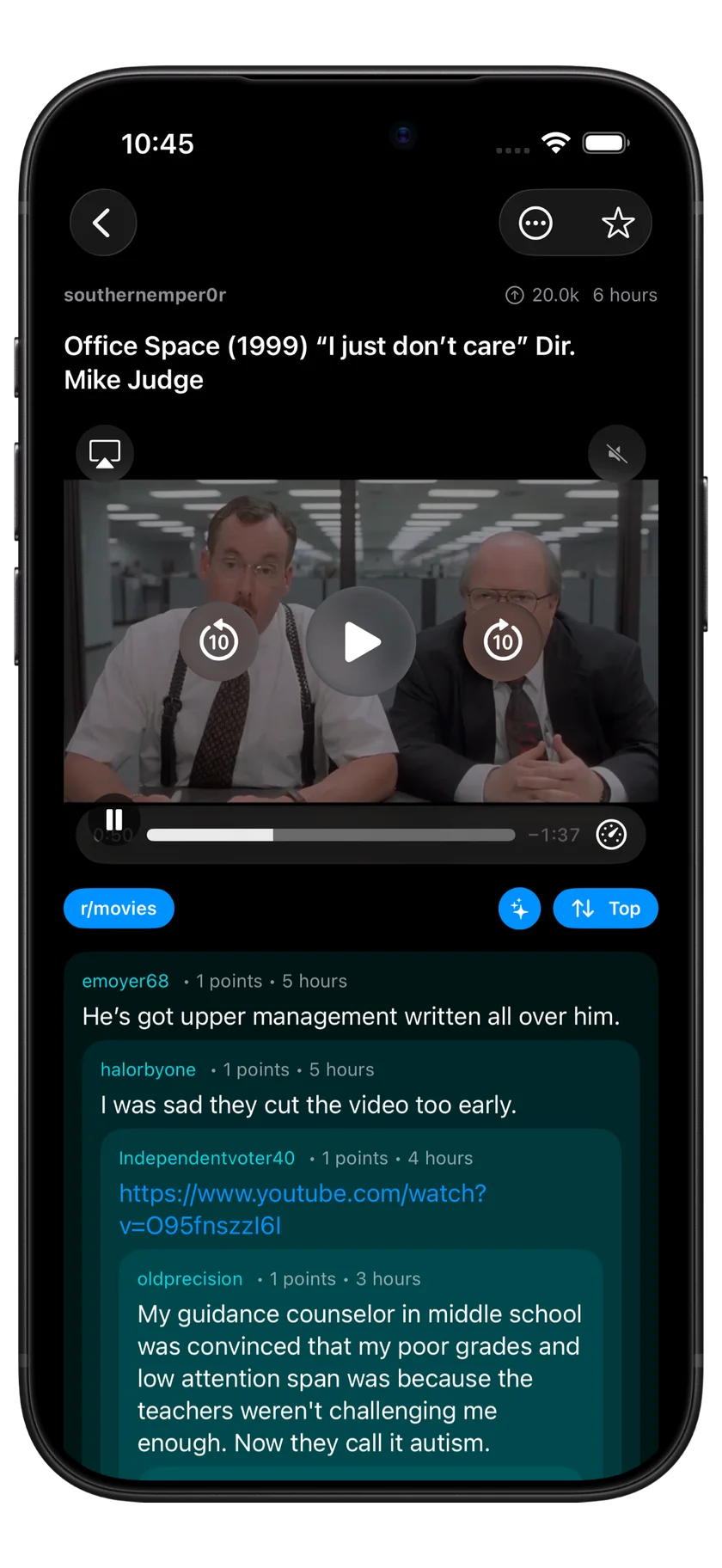 A video post in r/movies playing in NewsNinja, with playback controls and comments below.
